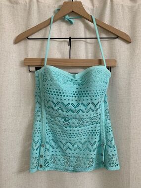 Robin Piccone Y2K Aqua Crochet Eyelet Halter Tankini Top Tie Back Medium